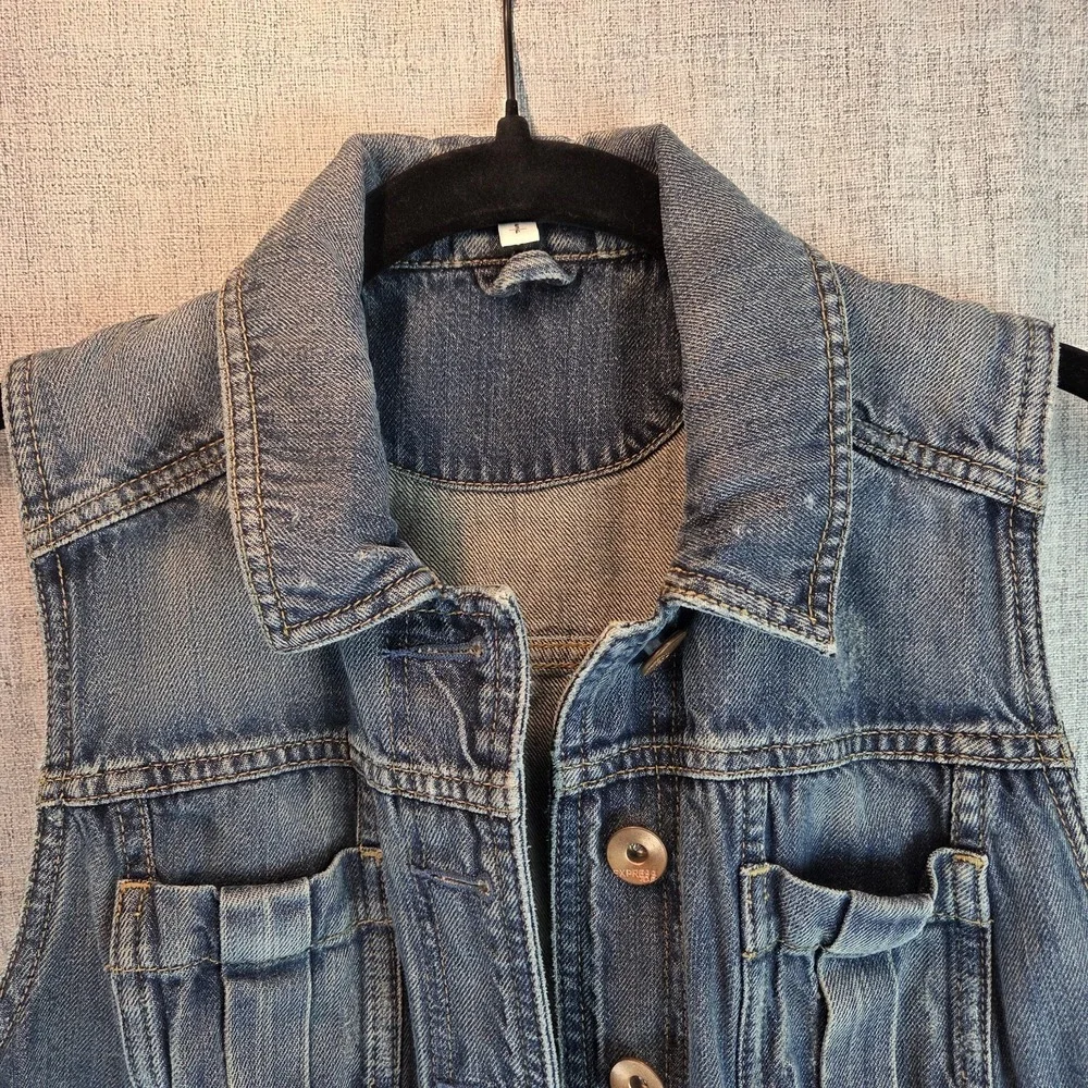 Denim Vest Express Women Small Grunge Punk‎ Y2K Denim Cropped Distressed Rock